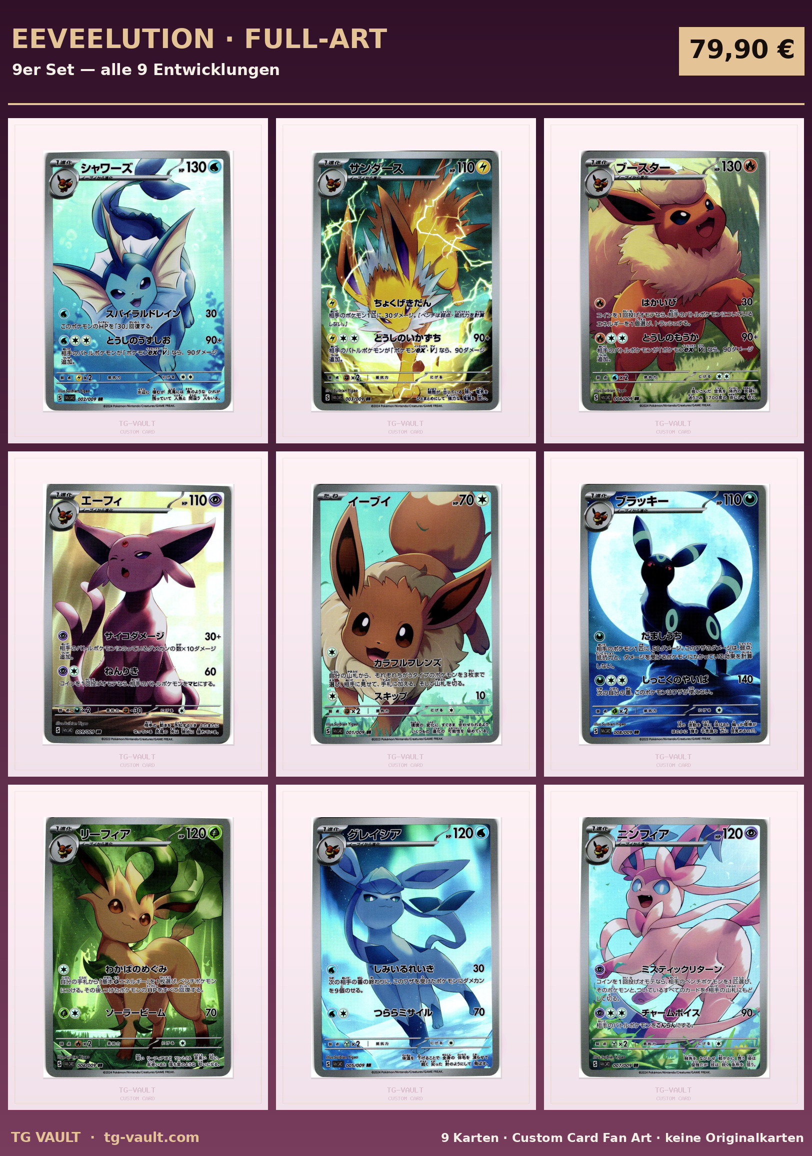 Eeveelution Full-Art – 9er Set (alle 9 Entwicklungen) Eeveelution Full-Art – 9er Set (alle 9 Entwicklungen) – verfügbar bei TG Vault